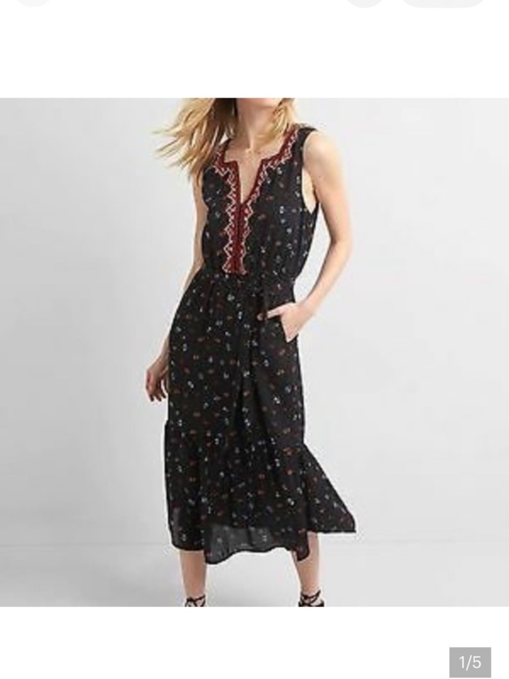 Gap Black Floral Ditsy Print Embroidered Midi Dress Tie Waist Sleeveless Size M - Picture 2 of 7